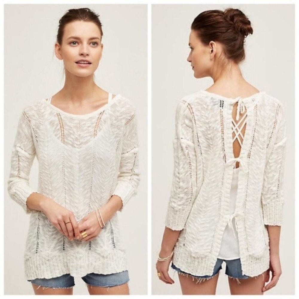 Anthropologie Knitted Adelina Tie Back Sweater Size XS Linen White Top Boho Ecru